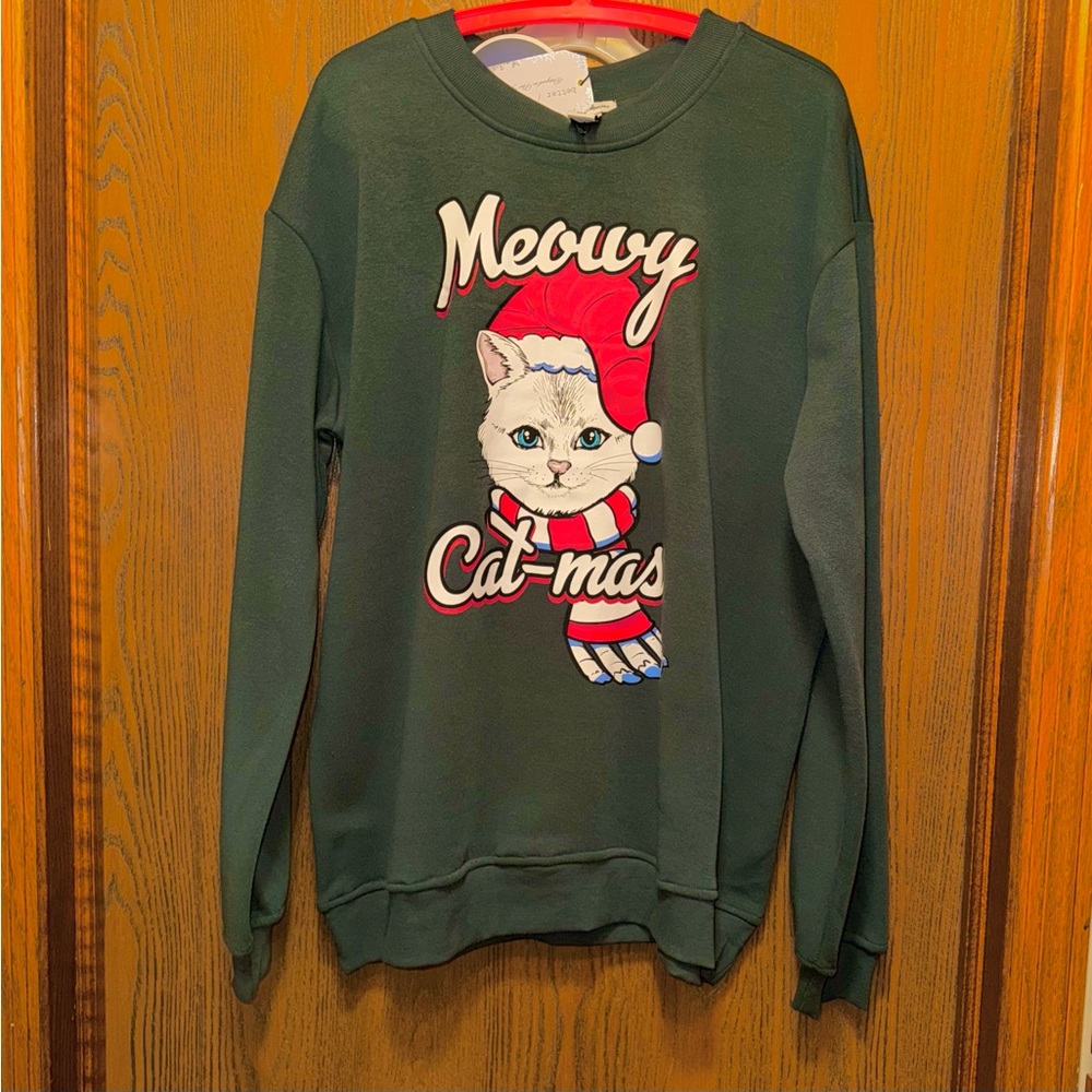 Meowy Cat-mas Lg Green CAT Holiday Christmas Long sleeve Sweatshirt NWT